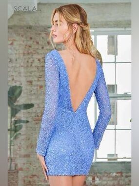 Scala Elegant Blue Sequin Backless Long Sleeve Dress